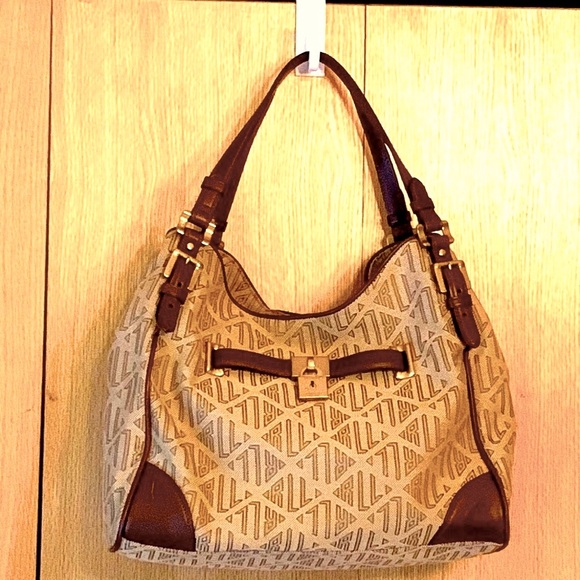 Lauren Ralph Lauren logo RLL canvas leather slouch hobo bag purse padlock EUC - Picture 1 of 16